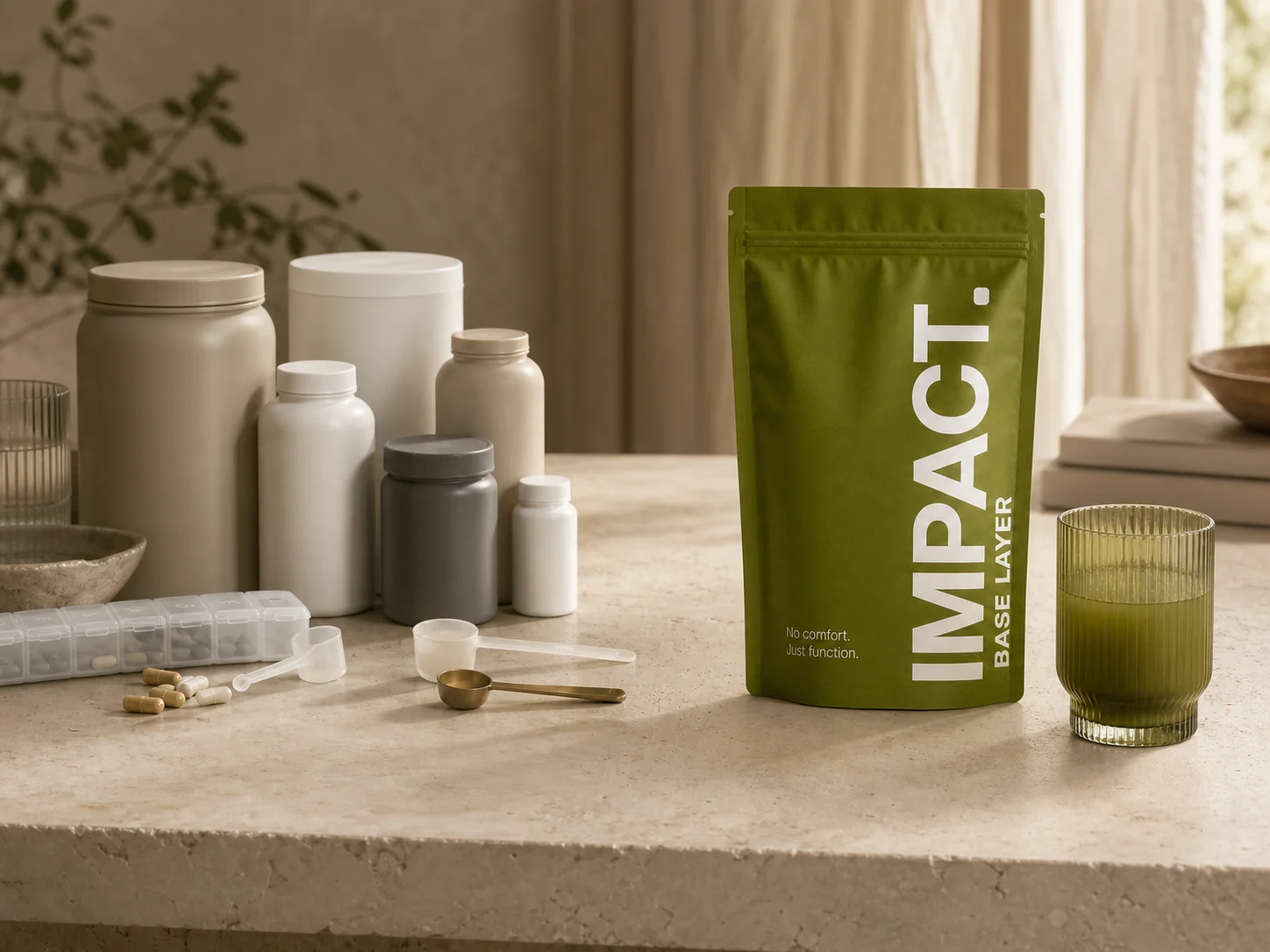 Viele einzelne Supplement-Dosen, Kapselboxen und Dosierlöffel neben einem einzelnen IMPACT Doypack mit fertigem Drink