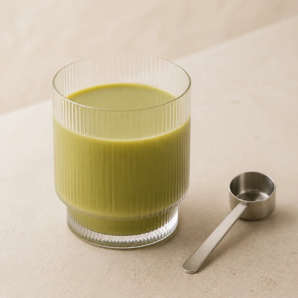 Fertiger grüner IMPACT-Drink im gerippten Glas, daneben der Dosierlöffel