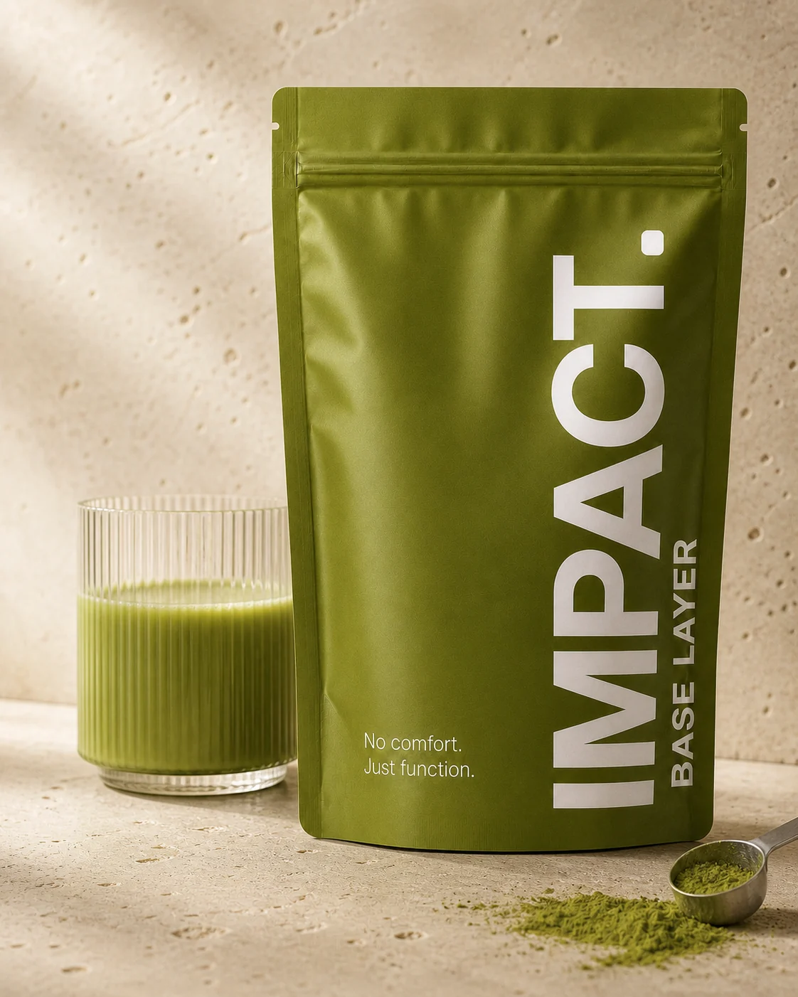 IMPACT Base Layer Doypack neben geripptem Glas mit grünem Drink und einem Dosierlöffel Matcha-Pulver auf heller Steinfläche