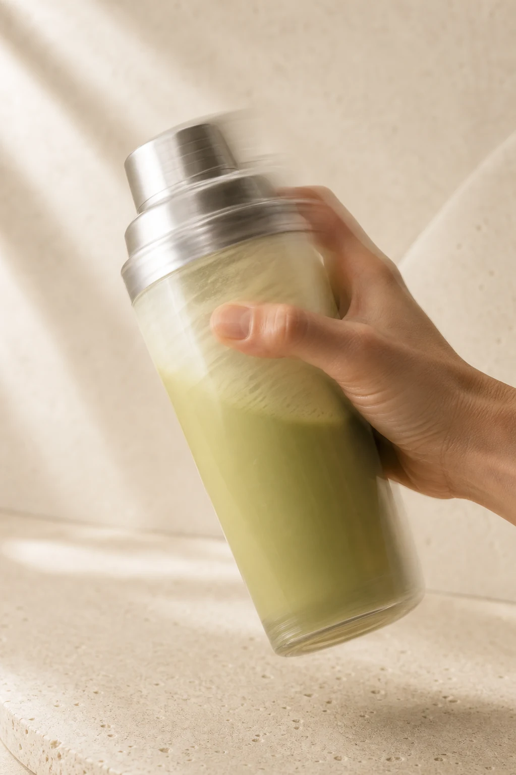 Eine Hand schüttelt den hellgrünen IMPACT Drink in einem schlichten Shaker